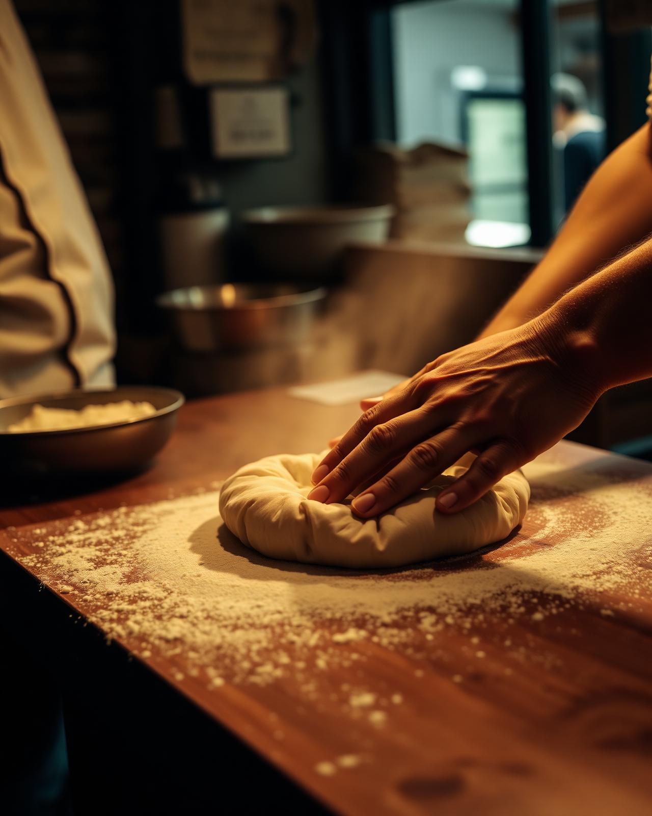 Pizzabäcker knetet frischen Teig